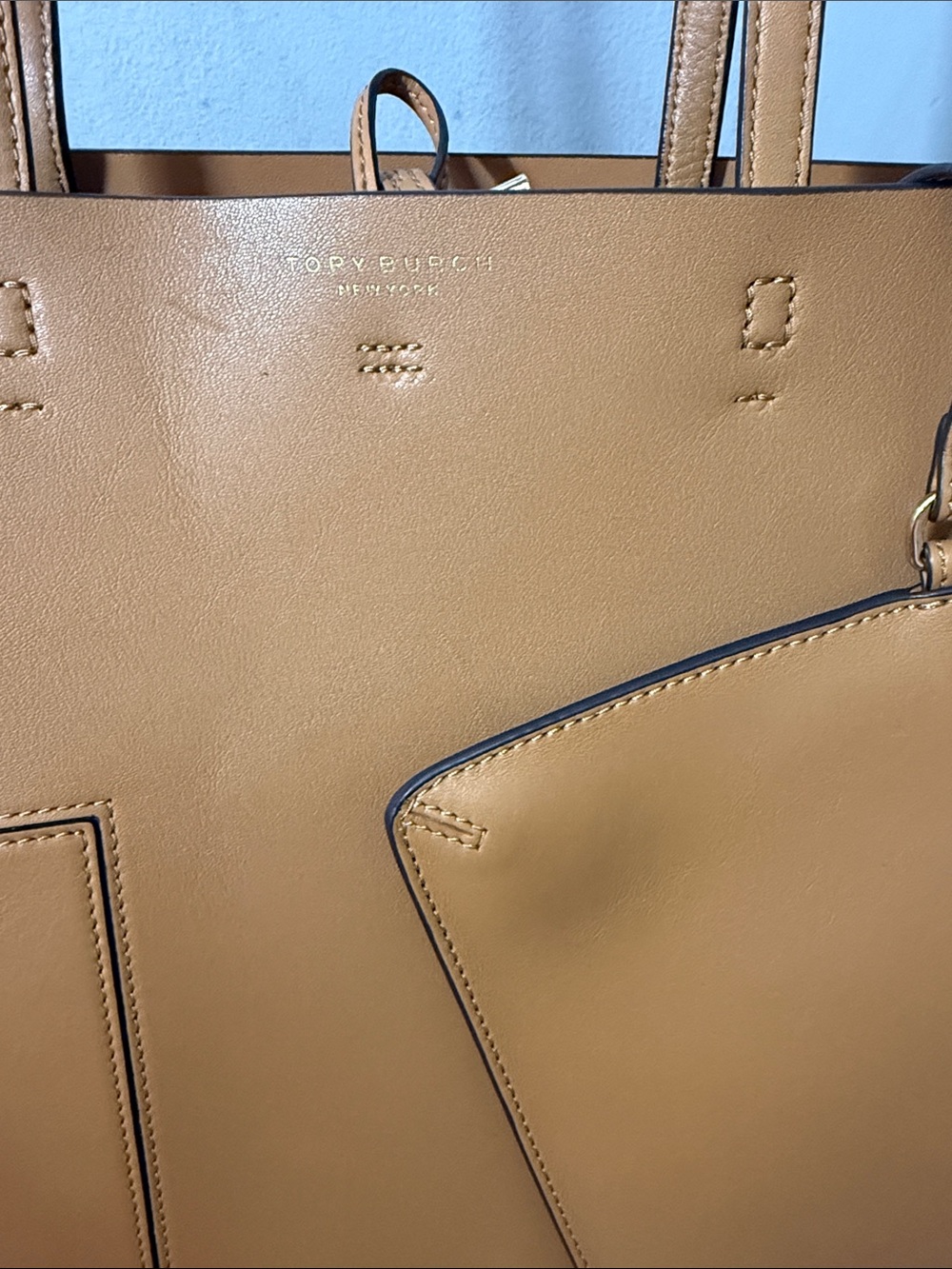 Tory Burch Cognac Leather Tote with Removable Pouch medium - Picture 9 of 14